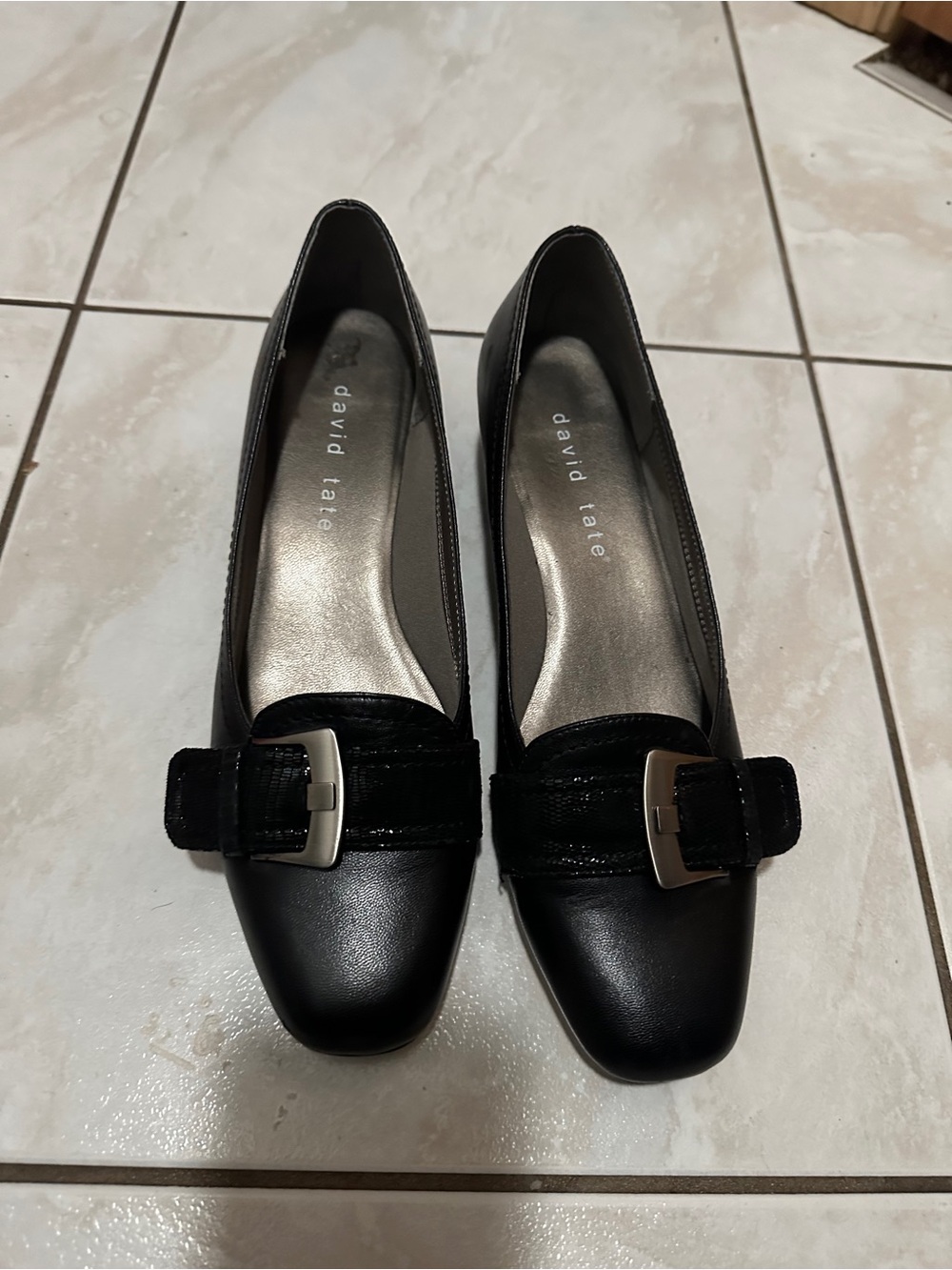 David Tate Black Leather Buckle Slip-On Flats